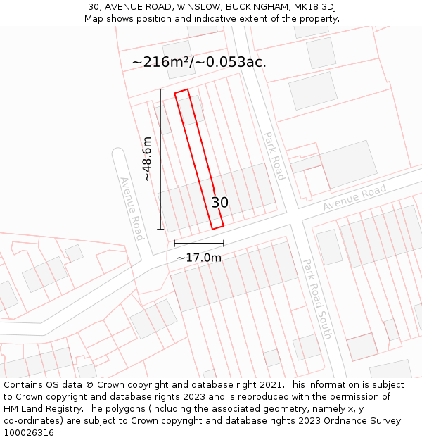 30, AVENUE ROAD, WINSLOW, BUCKINGHAM, MK18 3DJ: Plot and title map
