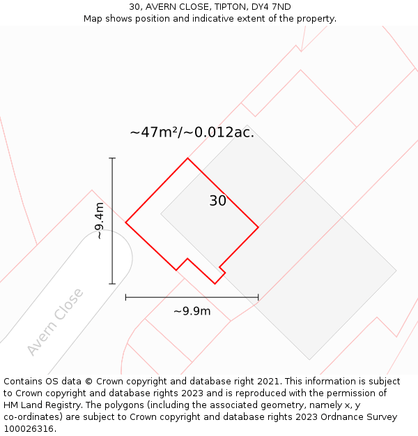 30, AVERN CLOSE, TIPTON, DY4 7ND: Plot and title map