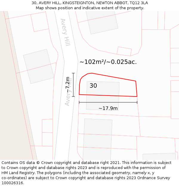 30, AVERY HILL, KINGSTEIGNTON, NEWTON ABBOT, TQ12 3LA: Plot and title map