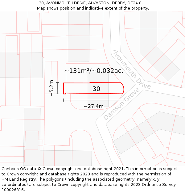 30, AVONMOUTH DRIVE, ALVASTON, DERBY, DE24 8UL: Plot and title map