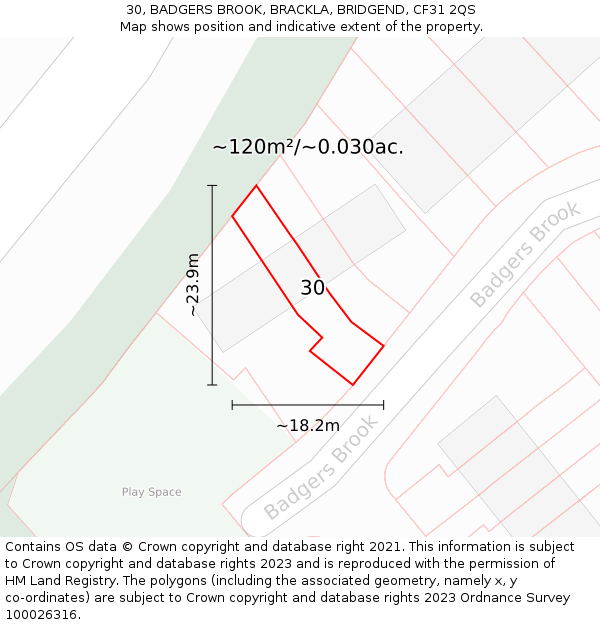 30, BADGERS BROOK, BRACKLA, BRIDGEND, CF31 2QS: Plot and title map