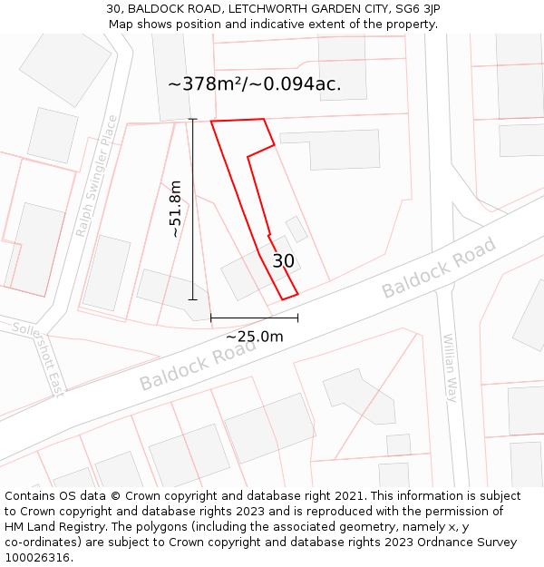 30, BALDOCK ROAD, LETCHWORTH GARDEN CITY, SG6 3JP: Plot and title map