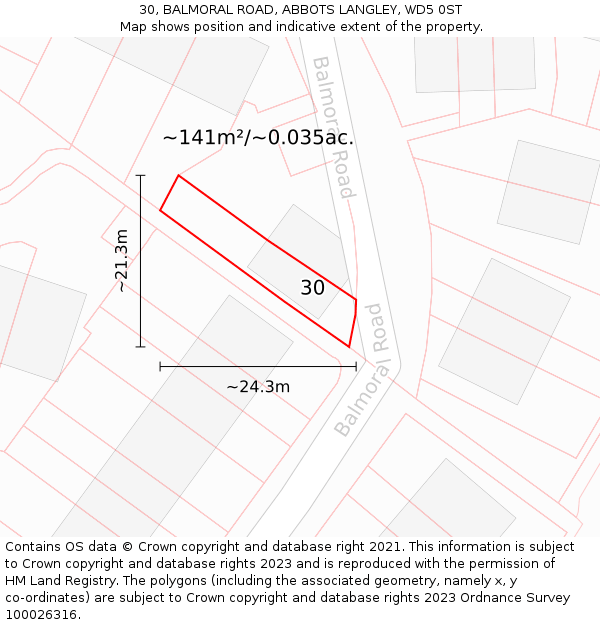 30, BALMORAL ROAD, ABBOTS LANGLEY, WD5 0ST: Plot and title map