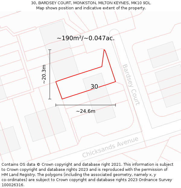 30, BARDSEY COURT, MONKSTON, MILTON KEYNES, MK10 9DL: Plot and title map