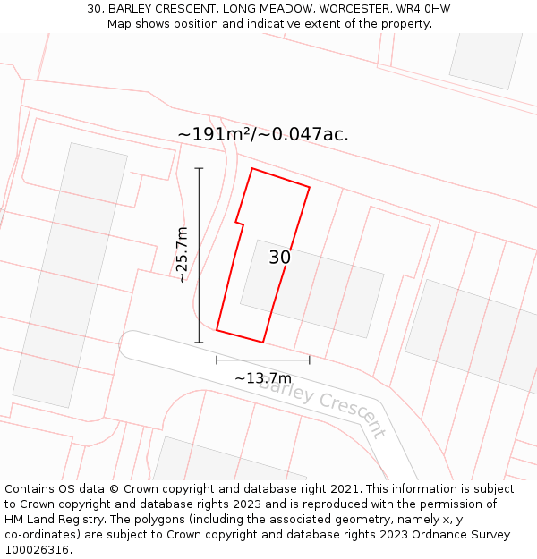 30, BARLEY CRESCENT, LONG MEADOW, WORCESTER, WR4 0HW: Plot and title map