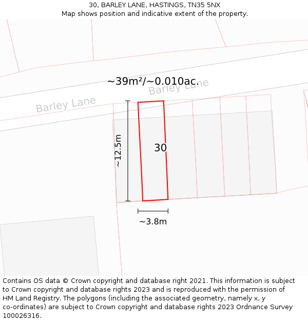30, BARLEY LANE, HASTINGS, TN35 5NX: Plot and title map