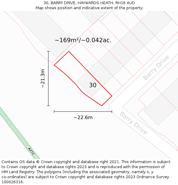 30, BARRY DRIVE, HAYWARDS HEATH, RH16 4UD: Plot and title map