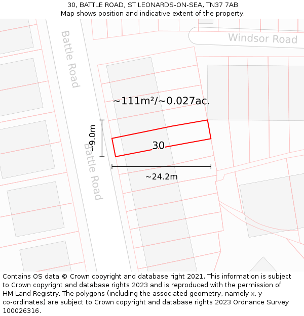 30, BATTLE ROAD, ST LEONARDS-ON-SEA, TN37 7AB: Plot and title map