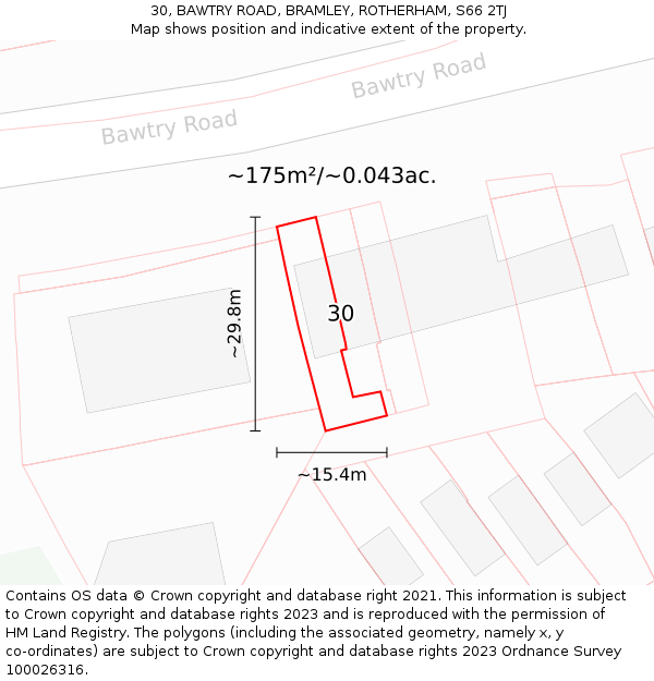 30, BAWTRY ROAD, BRAMLEY, ROTHERHAM, S66 2TJ: Plot and title map