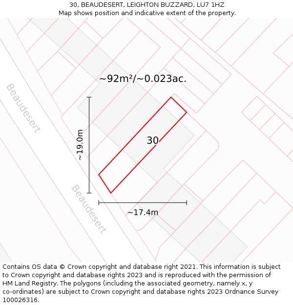 30, BEAUDESERT, LEIGHTON BUZZARD, LU7 1HZ: Plot and title map
