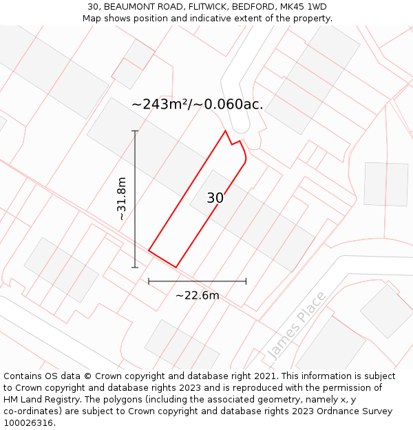 30, BEAUMONT ROAD, FLITWICK, BEDFORD, MK45 1WD: Plot and title map