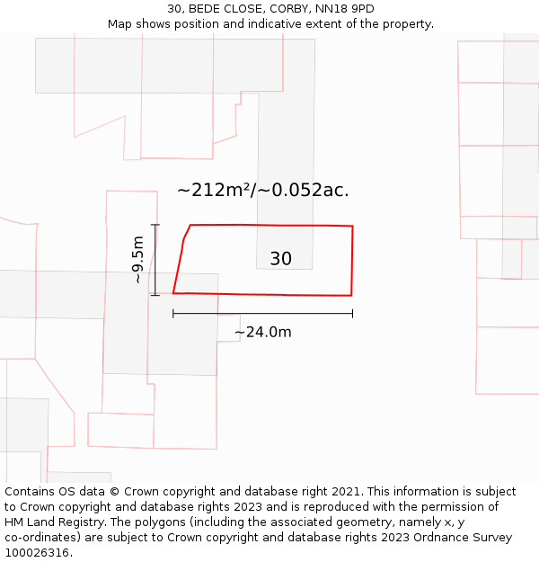 30, BEDE CLOSE, CORBY, NN18 9PD: Plot and title map