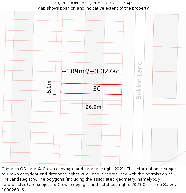 30, BELDON LANE, BRADFORD, BD7 4JZ: Plot and title map