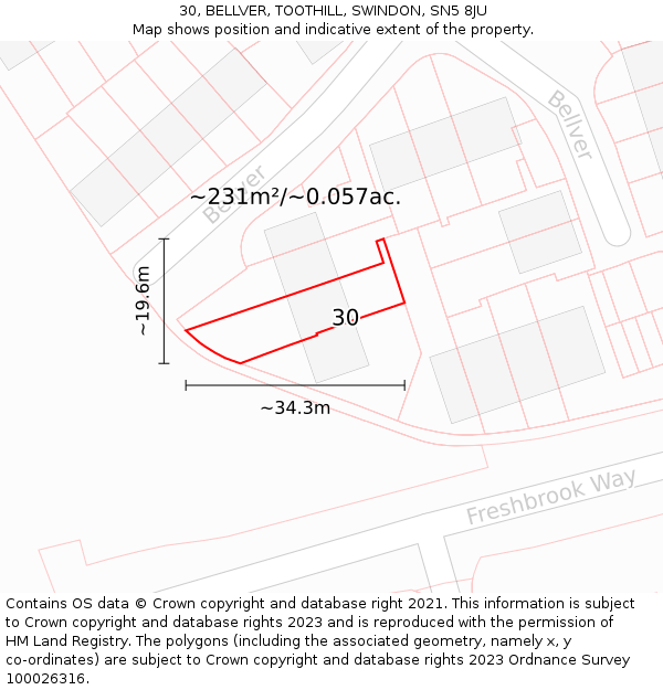 30, BELLVER, TOOTHILL, SWINDON, SN5 8JU: Plot and title map