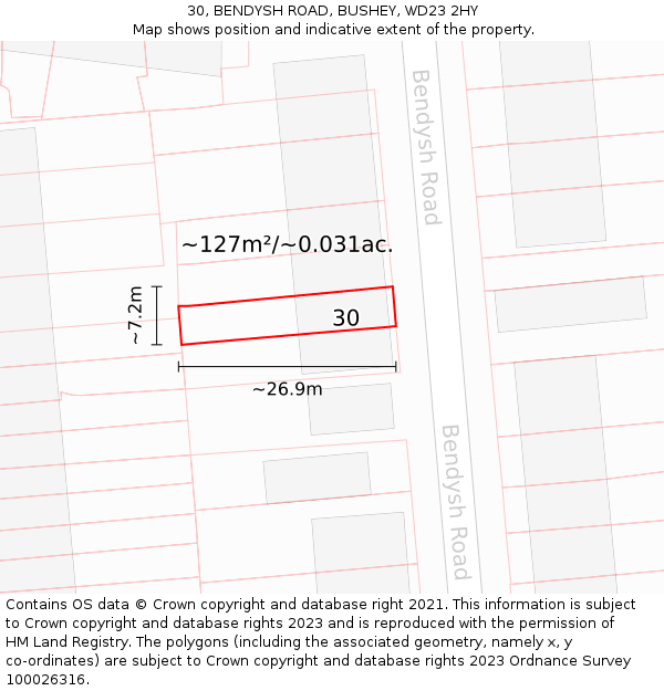 30, BENDYSH ROAD, BUSHEY, WD23 2HY: Plot and title map