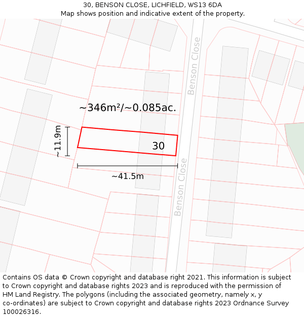 30, BENSON CLOSE, LICHFIELD, WS13 6DA: Plot and title map