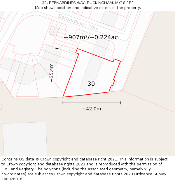 30, BERNARDINES WAY, BUCKINGHAM, MK18 1BF: Plot and title map
