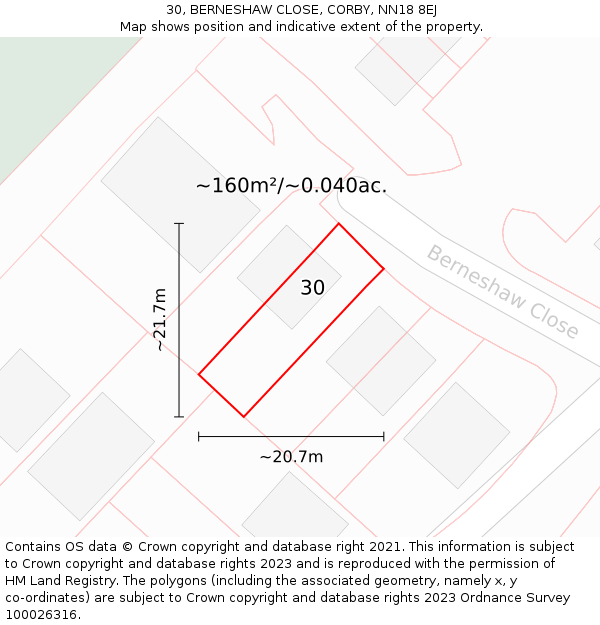 30, BERNESHAW CLOSE, CORBY, NN18 8EJ: Plot and title map