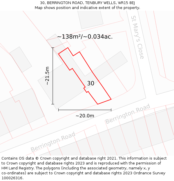 30, BERRINGTON ROAD, TENBURY WELLS, WR15 8EJ: Plot and title map