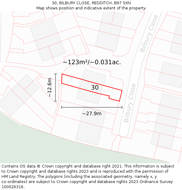 30, BILBURY CLOSE, REDDITCH, B97 5XN: Plot and title map