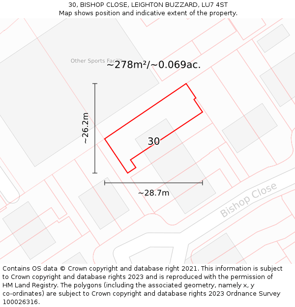 30, BISHOP CLOSE, LEIGHTON BUZZARD, LU7 4ST: Plot and title map