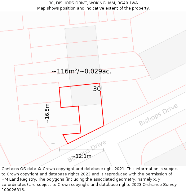 30, BISHOPS DRIVE, WOKINGHAM, RG40 1WA: Plot and title map
