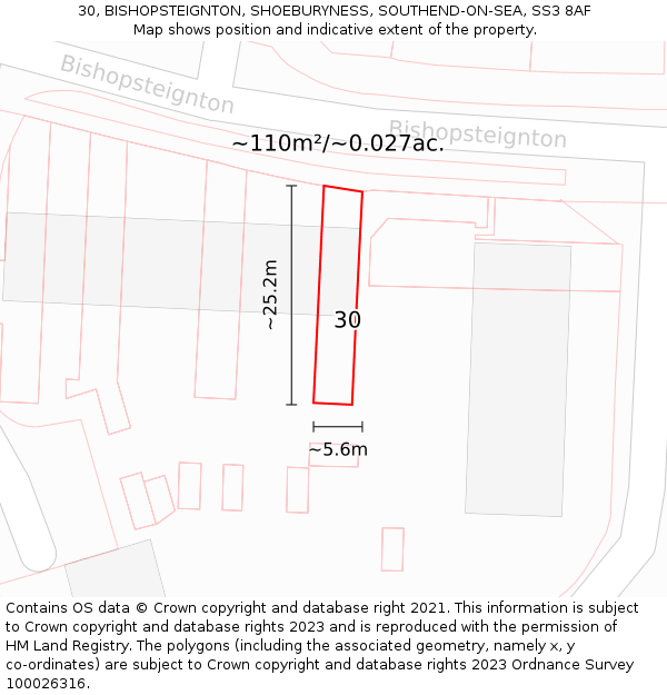 30, BISHOPSTEIGNTON, SHOEBURYNESS, SOUTHEND-ON-SEA, SS3 8AF: Plot and title map
