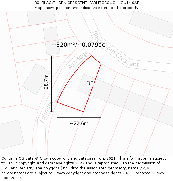30, BLACKTHORN CRESCENT, FARNBOROUGH, GU14 9AF: Plot and title map