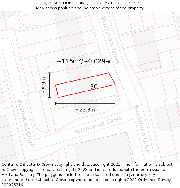 30, BLACKTHORN DRIVE, HUDDERSFIELD, HD3 3SB: Plot and title map
