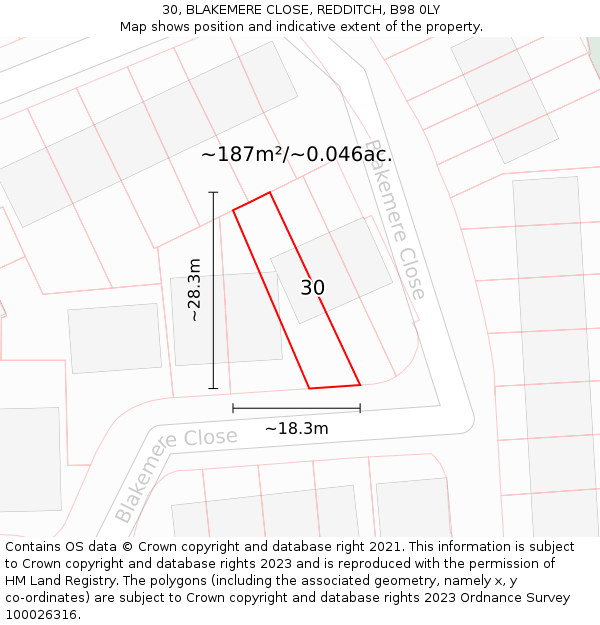 30, BLAKEMERE CLOSE, REDDITCH, B98 0LY: Plot and title map