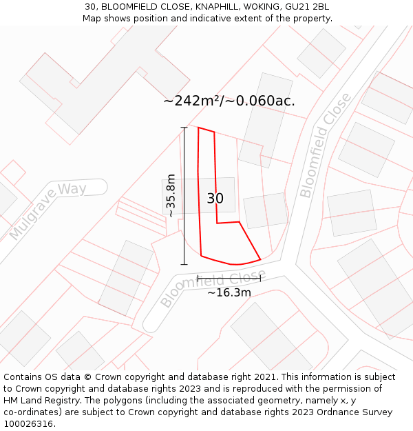 30, BLOOMFIELD CLOSE, KNAPHILL, WOKING, GU21 2BL: Plot and title map