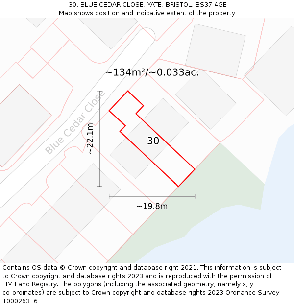 30, BLUE CEDAR CLOSE, YATE, BRISTOL, BS37 4GE: Plot and title map