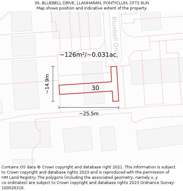 30, BLUEBELL DRIVE, LLANHARAN, PONTYCLUN, CF72 9UN: Plot and title map