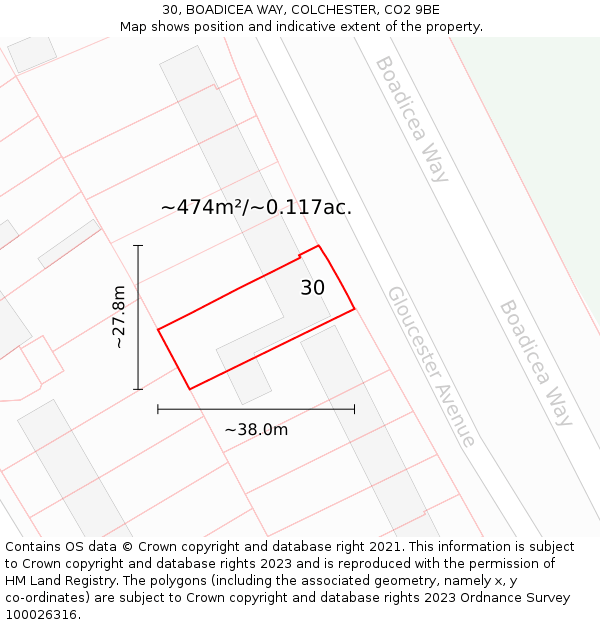 30, BOADICEA WAY, COLCHESTER, CO2 9BE: Plot and title map