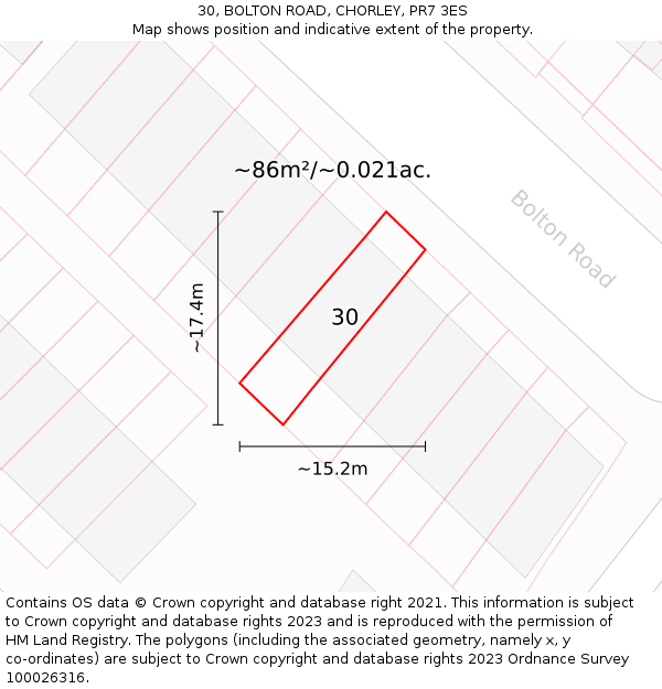 30, BOLTON ROAD, CHORLEY, PR7 3ES: Plot and title map