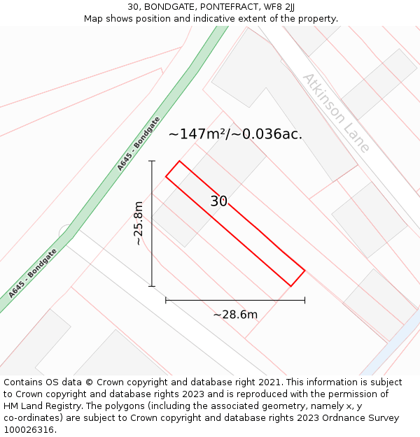 30, BONDGATE, PONTEFRACT, WF8 2JJ: Plot and title map