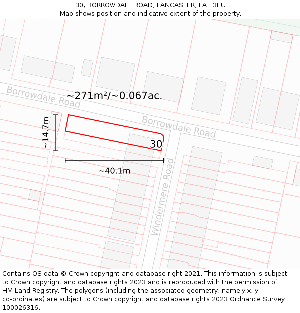 30, BORROWDALE ROAD, LANCASTER, LA1 3EU: Plot and title map