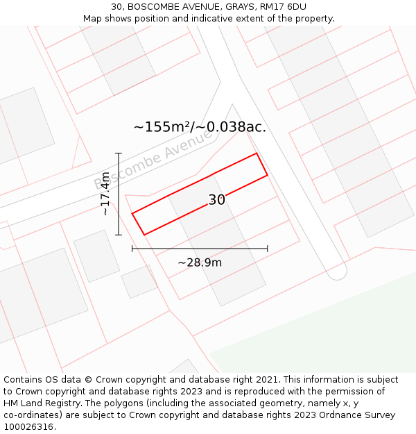 30, BOSCOMBE AVENUE, GRAYS, RM17 6DU: Plot and title map