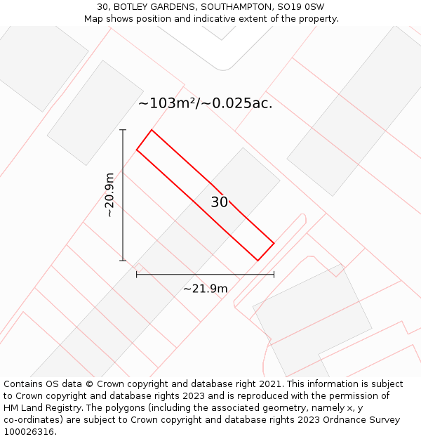 30, BOTLEY GARDENS, SOUTHAMPTON, SO19 0SW: Plot and title map