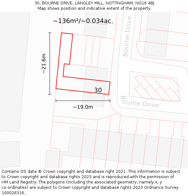 30, BOURNE DRIVE, LANGLEY MILL, NOTTINGHAM, NG16 4BJ: Plot and title map
