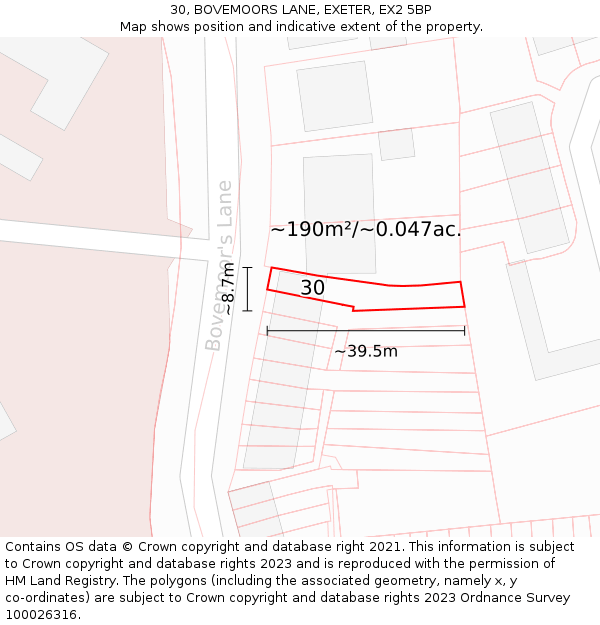 30, BOVEMOORS LANE, EXETER, EX2 5BP: Plot and title map