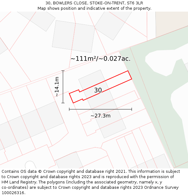 30, BOWLERS CLOSE, STOKE-ON-TRENT, ST6 3LR: Plot and title map