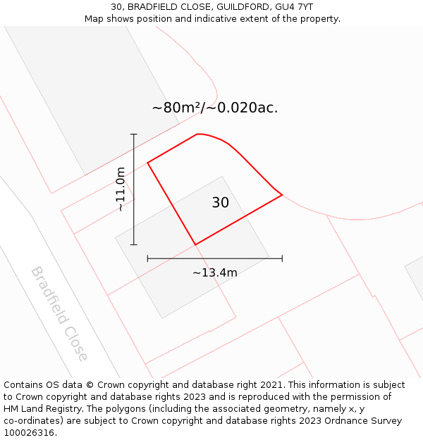 30, BRADFIELD CLOSE, GUILDFORD, GU4 7YT: Plot and title map