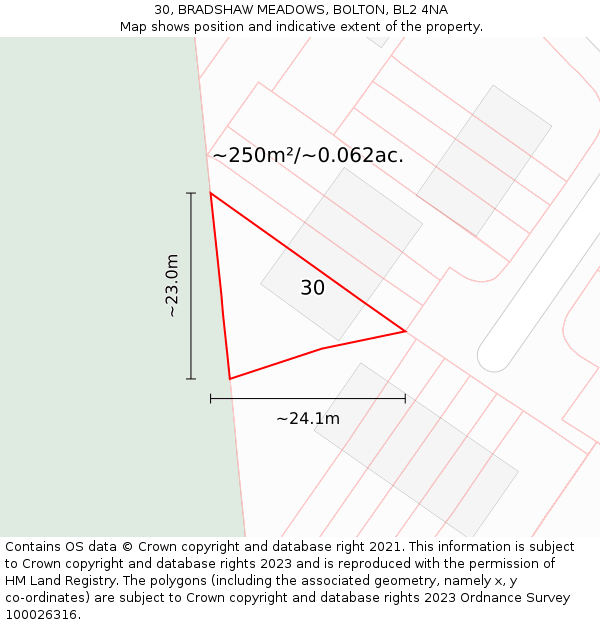 30, BRADSHAW MEADOWS, BOLTON, BL2 4NA: Plot and title map