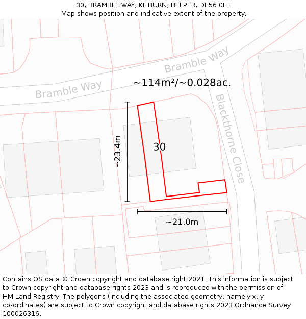 30, BRAMBLE WAY, KILBURN, BELPER, DE56 0LH: Plot and title map