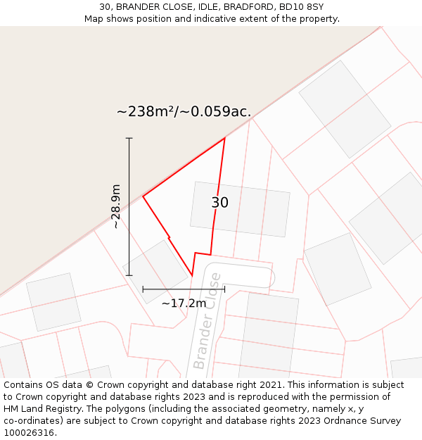 30, BRANDER CLOSE, IDLE, BRADFORD, BD10 8SY: Plot and title map