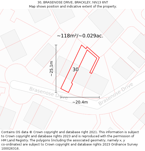 30, BRASENOSE DRIVE, BRACKLEY, NN13 6NT: Plot and title map