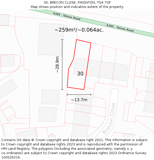 30, BRECON CLOSE, PAIGNTON, TQ4 7GF: Plot and title map