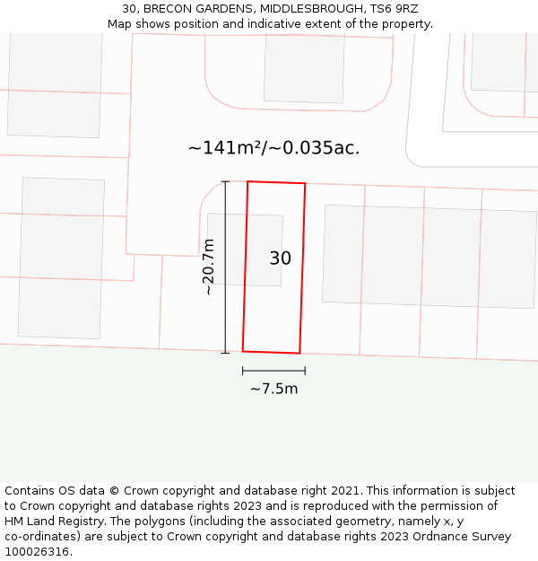 30, BRECON GARDENS, MIDDLESBROUGH, TS6 9RZ: Plot and title map