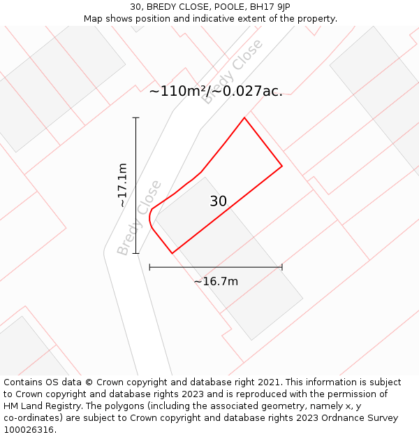 30, BREDY CLOSE, POOLE, BH17 9JP: Plot and title map